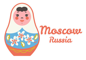 Greeting card with Matryoshka on a white background. Moscow, Russia. Vector graphics.