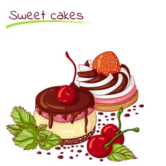 Vector cartoon illustration of sweet cakes with cherry and strawberry isolated on white. Cake for tea. Food Icon. Design for cookbook, restaurant business, confectionary, or coffee shop cafe.