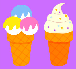 Ice-cream parlor logotype of restaurant, colorful balls of frozen cream in waffle cone. Cold dessert label on white, dessert shop sticker, business vector. Flat cartoon