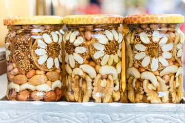 nuts with honey, jars of honey, nuts with honey