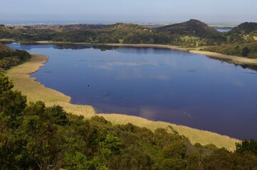 Fototapeta na wymiar A view across the lake at Tower Hill Wildlife Reserve, Victoria, Australia. 