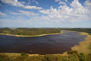 A view across the lake at Tower Hill Wildlife Reserve, Victoria, Australia. 