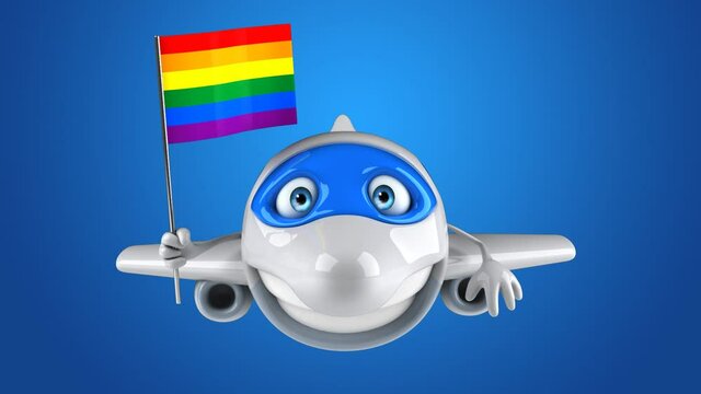 Fun 3D cartoon plane character with a gay flag