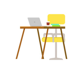 Workplace vector, office for working and completing tasks. Isolated table with laptop and chair, coffee standing on desk, hot beverage flat style