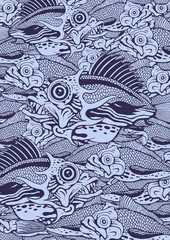 Hand-drawn funny fish. Decorative background with the deep sea. Vector illustration