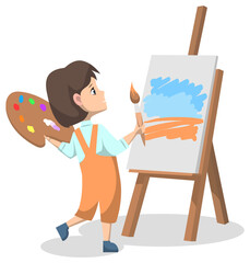 Art club after lessons for pupils. Girl standing with colorful paint palette and brush or tassel. Kid drawing painting on canvas or easel. Back to school concept. Flat cartoon vector illustration
