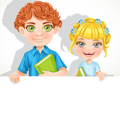 Cute school boy and girl with book hold big banner