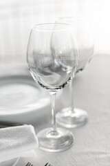 Fancy table set for a wedding romantic dinner in restaurant