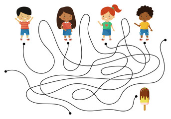 Maze game for kids. Which of the children will get to the ice cream. Cute cartoon preschoolers, boys and girls of different races. Summer worksheet for kindergarten.