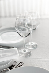 Fancy table set for a wedding romantic dinner in restaurant