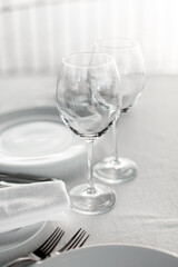 Fancy table set for a wedding romantic dinner in restaurant