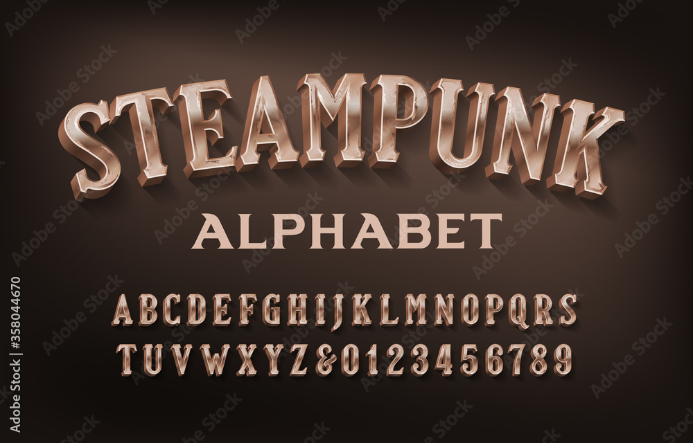 Fototapete steampunk alphabet font. 3d retro brass letters and numbers. stock vector typescript for your design