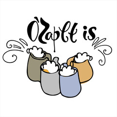 Beer fest logo template with hand drawn beer mugs and traditional opening O'Zapft Is phrase in German dialect. Translation: It is tapped. Black on white. Isolated design element