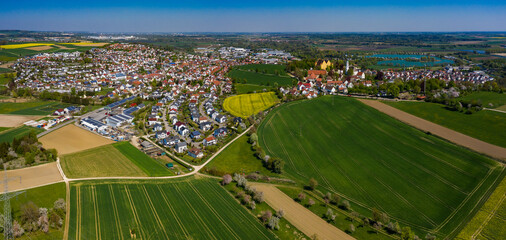 Aerial view of the city and monastery Erbach an der Donau on a sunny day in Spring during the coronavirus lockdown. 