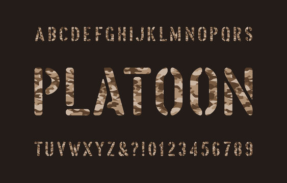 Platoon alphabet font. Stencil camouflage letters and numbers on a dark background. Vector typescript for your design.