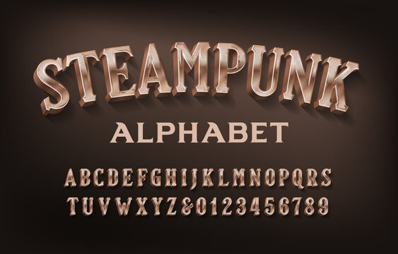 Steampunk alphabet font. 3d retro brass letters and numbers. Stock vector typescript for your design.
