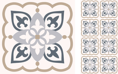 Seamless Azulejo tile. Portuguese and Spain decor. Islam, Arabic, Indian, Ottoman motif. Vector Hand drawn pattern