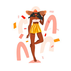 Hand drawn vector abstract stock flat graphic illustration with young happy black african american, beauty female in swimsuit and beach hat isolated on white collage shape background