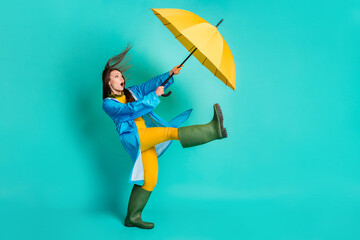 Full length profile photo of shocked lady stormy rainy weather walk street hold umbrella catch strong wind blew away wear raincoat sweater pants gumboots isolated teal color background - obrazy, fototapety, plakaty