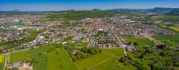 Aerial view of the city Süßen in spring during the coronavirus lockdown.
