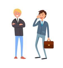 Bearded businessman in formal wear and executive worker with briefcase speaking on phone discussing business issues. Male office workers in suits vector
