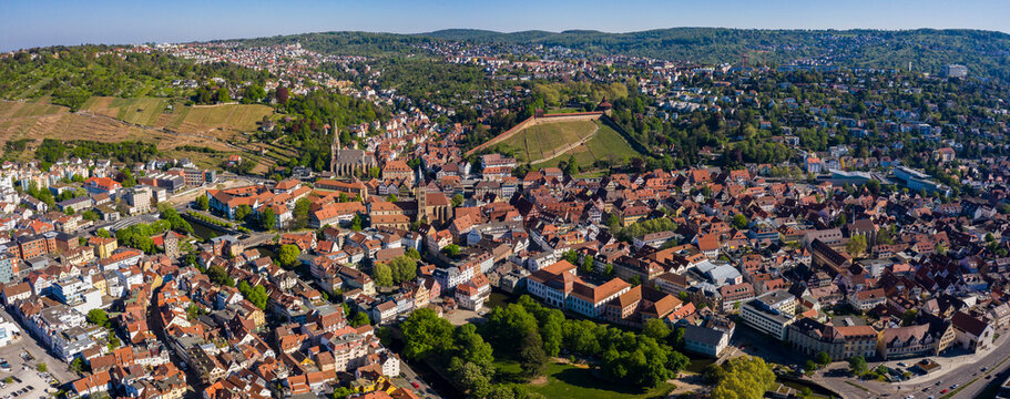 Aerial view of the old town of the city Esslingen on a sunny morning in Spring during the coronavirus lockdown.
