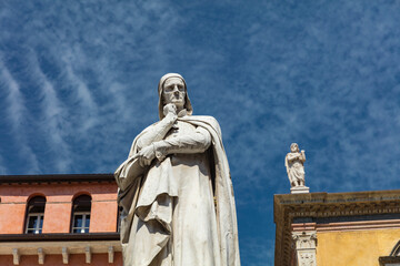 Verona, Italy, Europe, August 2019, Statue of Dante in Piazza dei Signori