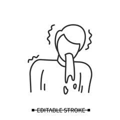 Vomiting icon. Man throwing up. Concept linear pictogram for heat stroke, brain damage, food poisoning and serious medical condition signs and symptoms. Editable stroke vector illustration