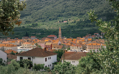 Fototapeta na wymiar View of the old house roofs of the town of Starigrad on the island of Hvar. Church belltower rising above the buildings. Green lush foliage and mountains behind it