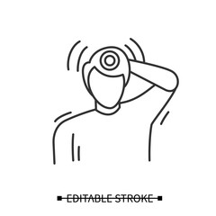 Migraine icon. Man avatar touches back of his head in severe pulsating headache. Concept linear pictogram for stress disorder, head pain and health trouble. Editable stroke vector illustration