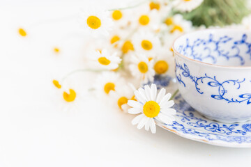 Bouquet of daisies and vintage tea cup on white background.  With copy space.
Cup of aromatic tea with a camomile flowers. Place for text. 
