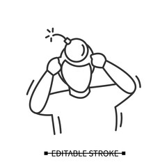 Headache icon. Patient suffering strong pain for severe migraine. Linear pictogram of male person with exploding bomb. Concept of intense pain and health troubles. Editable stroke vector illustration