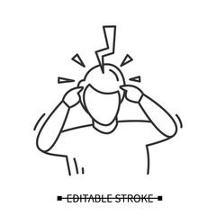 Headache icon. Person avatar with big thunderclap strike. Concept linear pictogram suffering extremely intense head pain and severe migraine. Editable stroke vector illustration