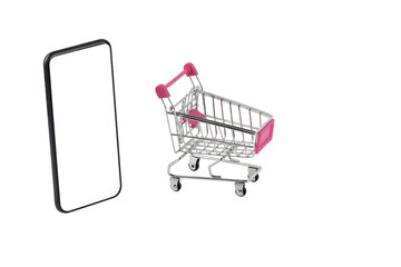 holding smartphone online shopping concept, E-commerce with shop basket
