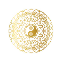 Shiny Golden Mandala with Yin Yang Sign Isolated