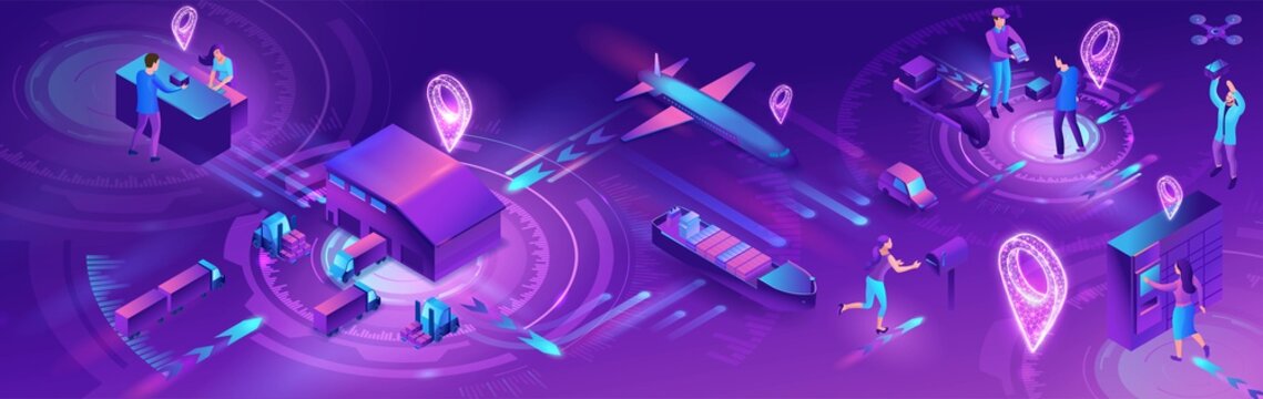 Isometric delivery service with truck, horizontal banner, smart logistics company illustration, artificial intelligence managing transport system, robot watching screen with map, airplane, car