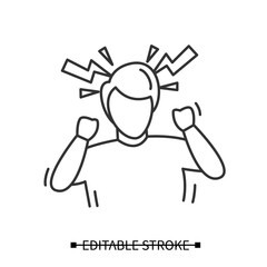 Headache icon. Man, suffering hypertension headache, with linear lighting bolts line pictogram. Arterial hypertension and high blood pressure signs and symptoms illustration. Editable stroke vector