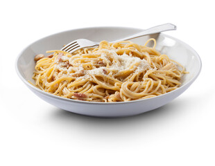 Espaguetis con beicon y queso parmesano. Spaghetti with bacon and Parmesan cheese.