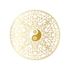 Shiny Golden Mandala with Yin Yang Sign Isolated