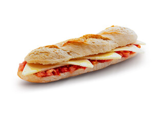 Baguette de tomate y queso sobre fondo blanco. Tomato and cheese baguette on white background.