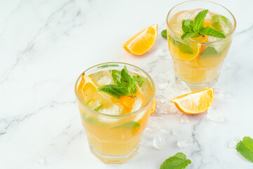 lemonade with mint lemon and ice closeup.