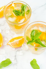 close-up drink with lemon mint and ice.