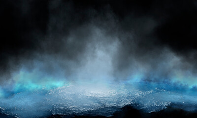 Empty futuristic dramatic scene. Abstract dark landscape, street. Neon light fluid element. Night view, neon blue light. Fantasy background. 3D illustration