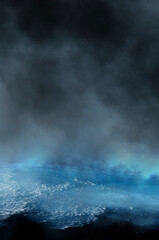 Empty futuristic dramatic scene. Abstract dark landscape, street. Neon light fluid element. Night view, neon blue light. Fantasy background. 3D illustration