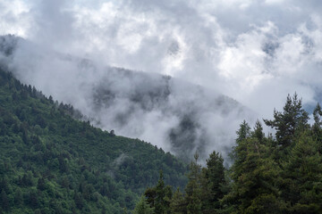 Fog revealing the mountain range after rain
