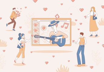 People listening online concert show or repetition and rate it vector cartoon outline illustration. Man playing music with guitar in audio or video blog. Artists on monitor screen, internet broadcast.