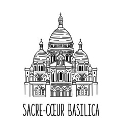 Hand drawn sketch of The Basilica of the Sacred Heart of Paris, France (Basilique du Sacre Coeur de Montmartre). Vector sketch drawing isolated on white background	