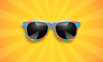 Realistic striped sunglasses on yellow background, vector illustration