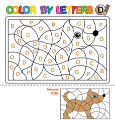ABC Coloring Book for children. Color by letters. Learning the capital letters of the alphabet. Puzzle for children. Letter D. Dog