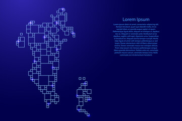 Fototapeta na wymiar Bahrain map from blue pattern from a grid of squares of different sizes and glowing space stars. Vector illustration.
